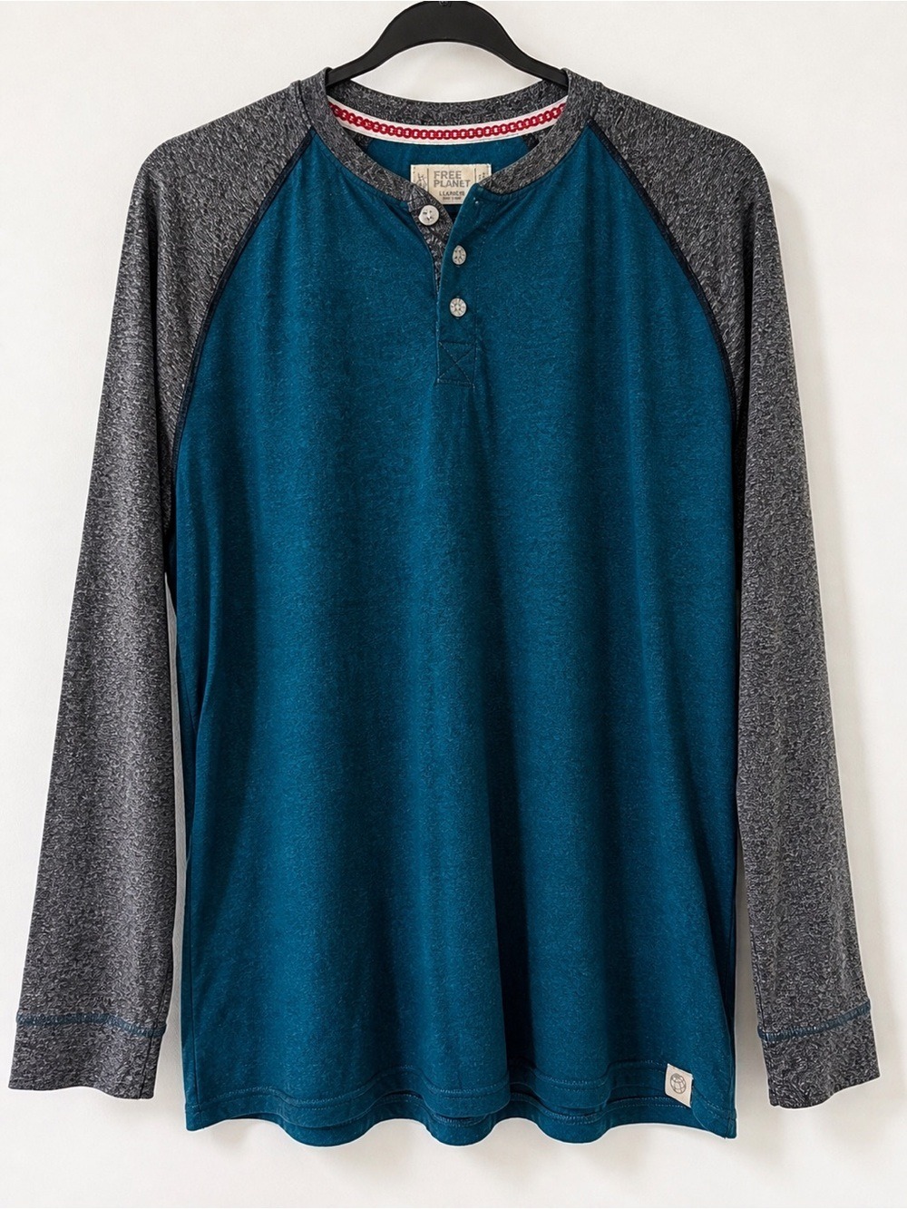 Free Planet Henley Shirt Teal Gray Long Sleeve Colorblock Casual Size L 18